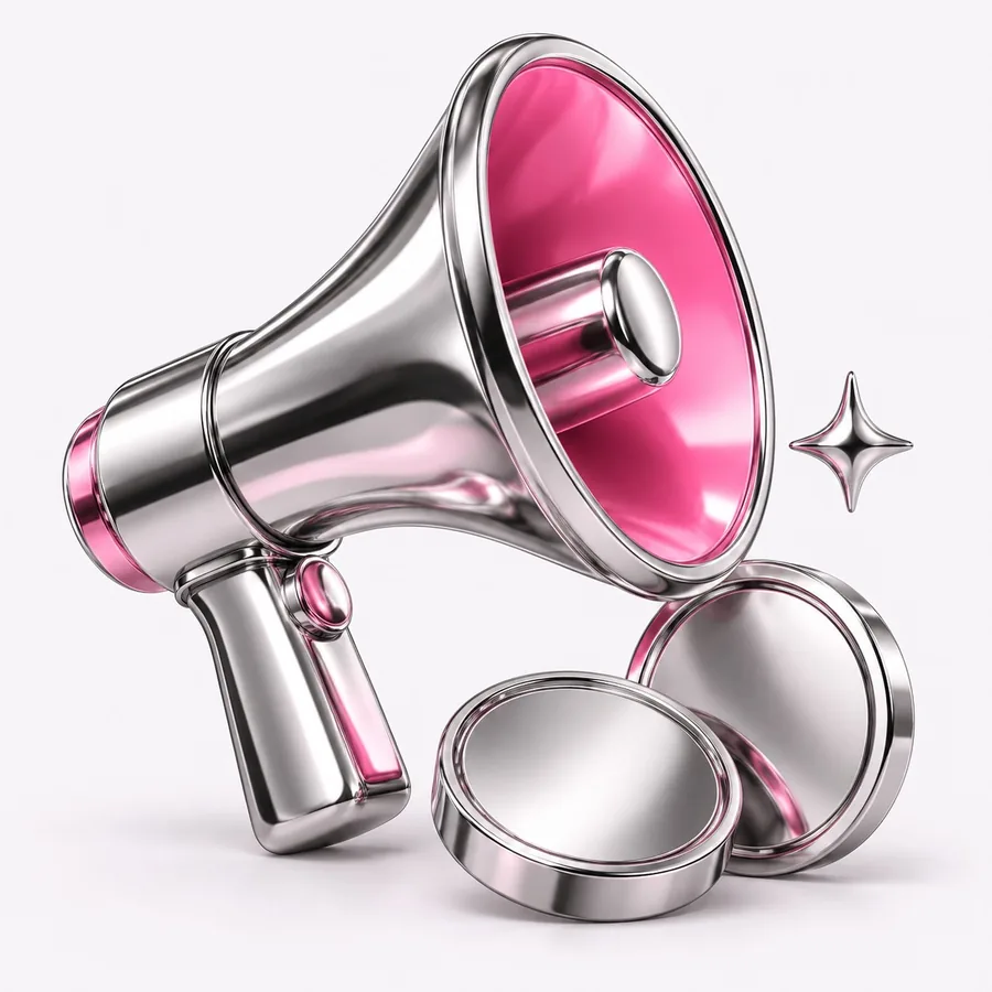 Polished chrome megaphone with a pink cone and silver coins